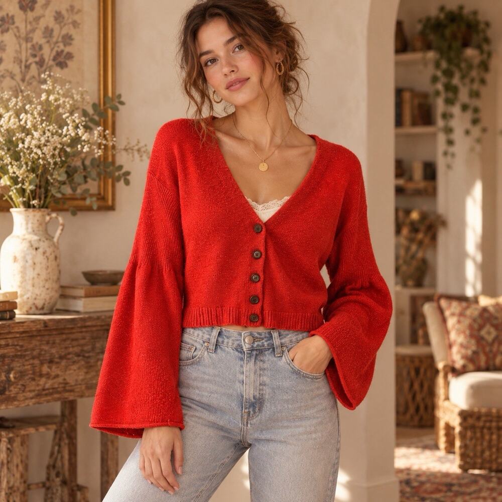 MOTH Anthropologie Red Bell Sleeve Cropped Cardigan XS Merino Wool Boho